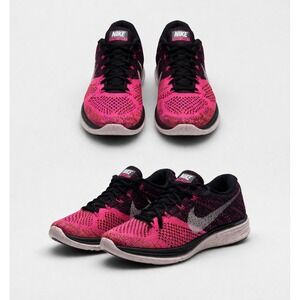 Nike Flyknit Lunar 3 Womens Pink Flash Black Running Shoes 698182-002 Size 7